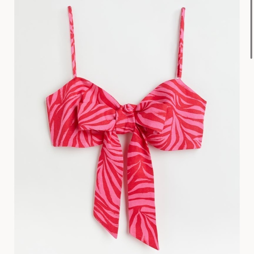 H&M Pink Zebra Tie Front Linen Blend Bralette Crop Top Size Small